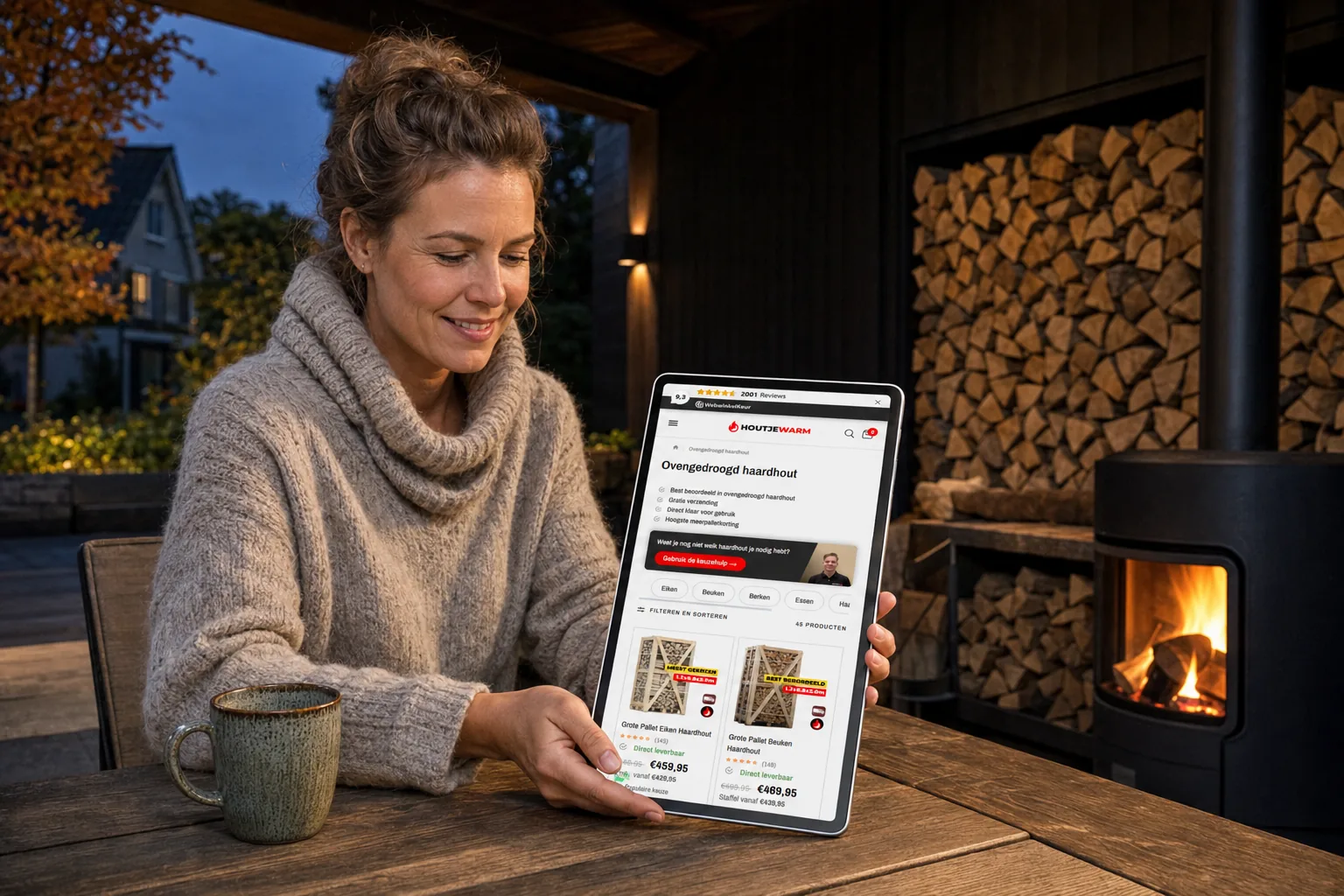 HoutJeWarm-webshop op een tablet naast een houtkachel