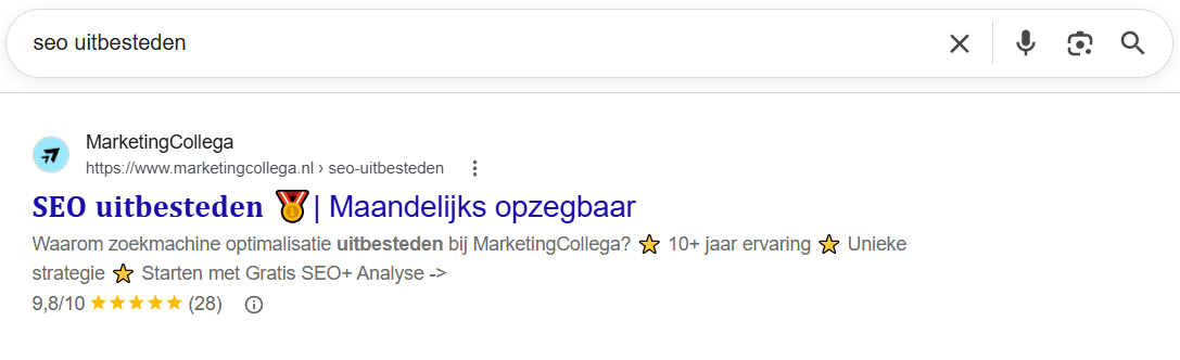 Google-zoekresultaat: MarketingCollega op pagina 1 voor 'SEO uitbesteden' met 9,8/10 uit 28 reviews