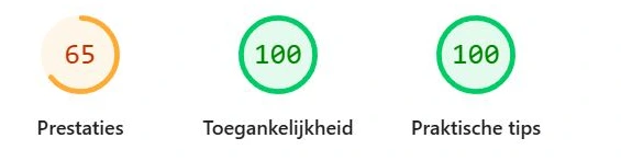 PageSpeed Insights van dezelfde pagina in Lovable: prestaties 65, toegankelijkheid 100, praktische tips 100