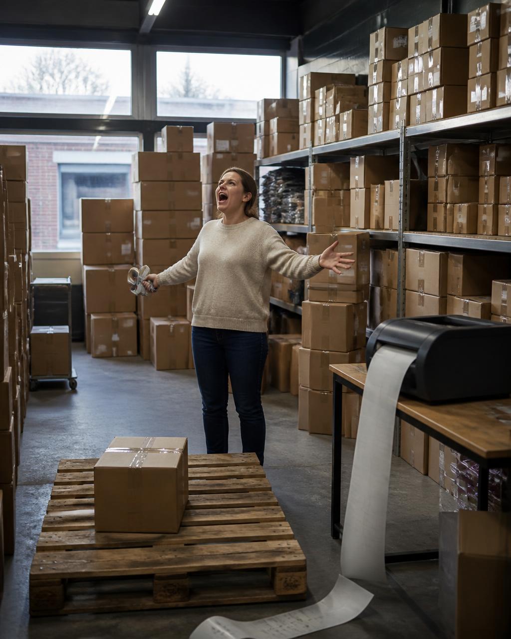 Webshopeigenaar bij de verzendtafel kijkt naar de volle schappen met onverkochte voorraad