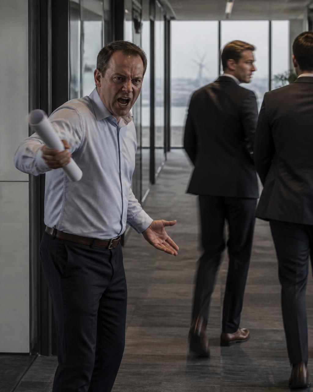 Twee ondernemers in een kantoorgang: de een loopt in het licht, de ander blijft in de schaduw staan
