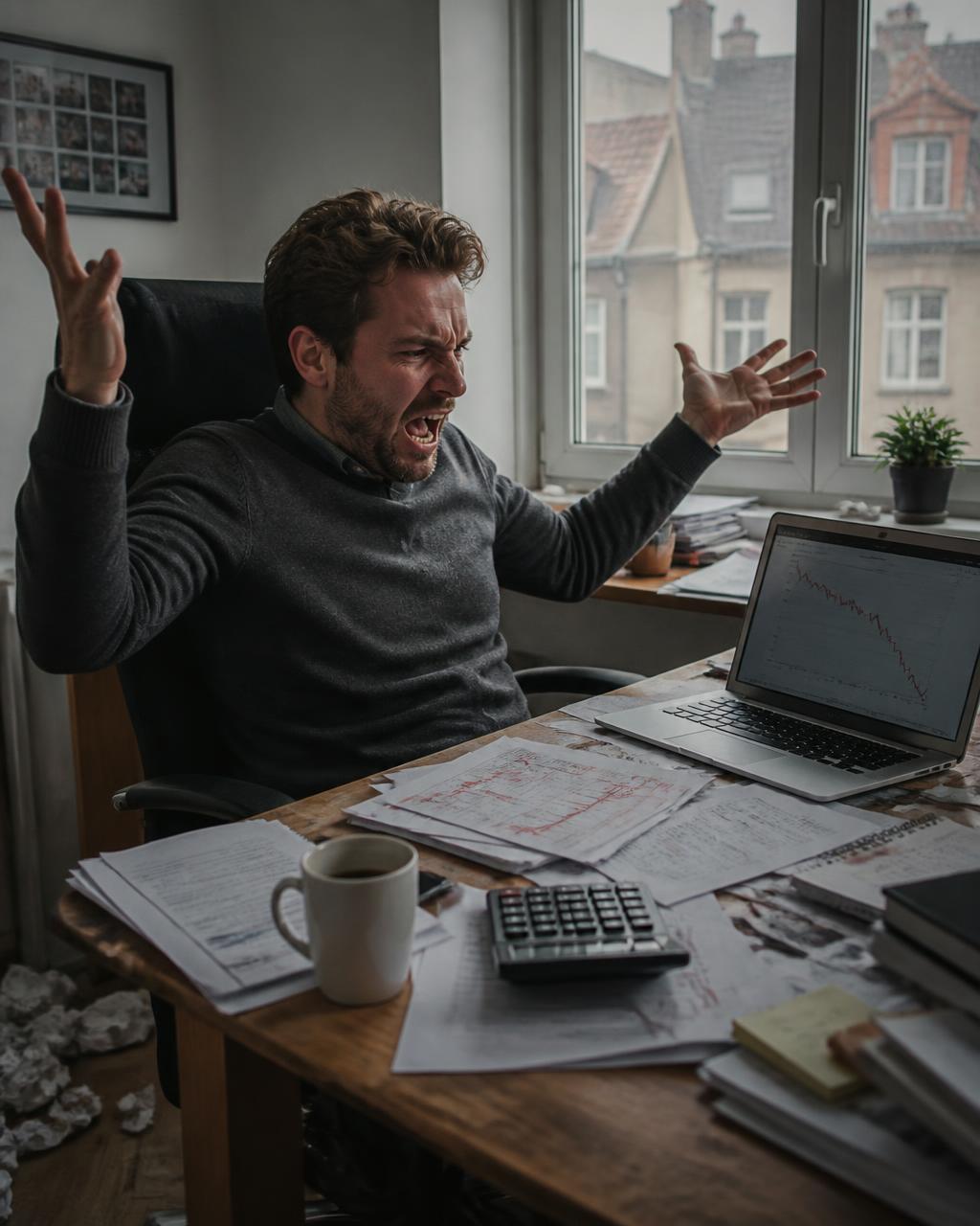 Ondernemer aan zijn bureau met facturen en een vlakke lijn in zijn rapportage