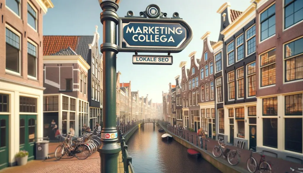 Amsterdamse gracht met een uithangbord van MarketingCollega over lokale SEO.