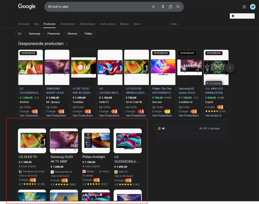 Google zoekresultatenpagina voor oled-televisies met zowel gesponsorde als organische productvermeldingen en prijzen.