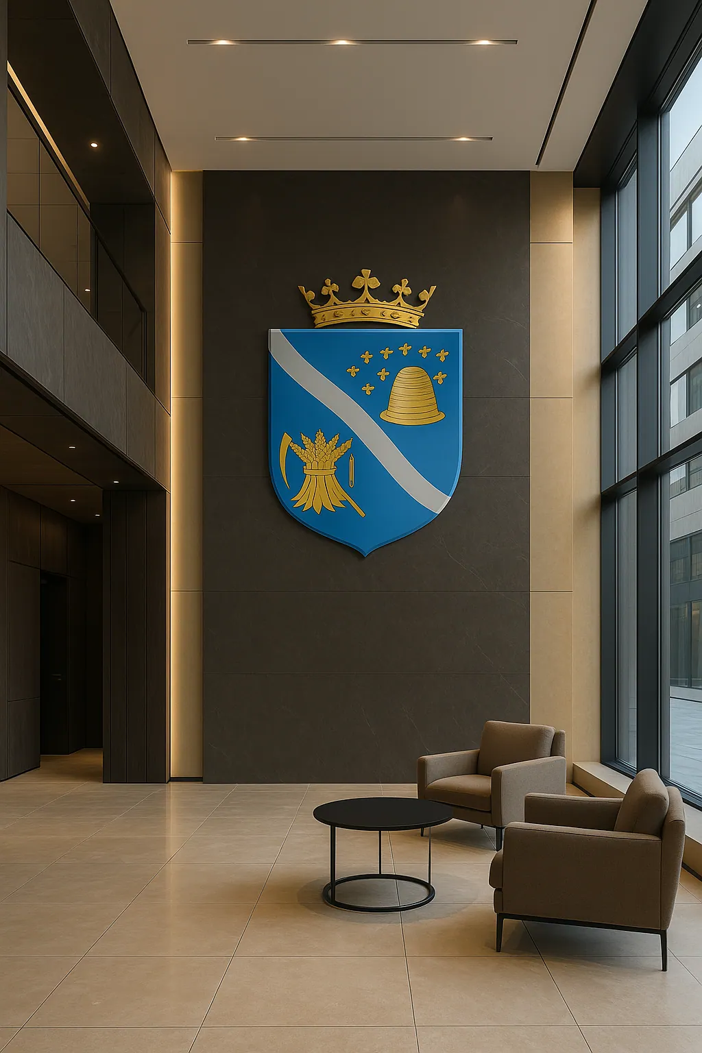 Modern kantoorinterieur met een groot blauw wapenschild van de stad Hengelo op de wand.