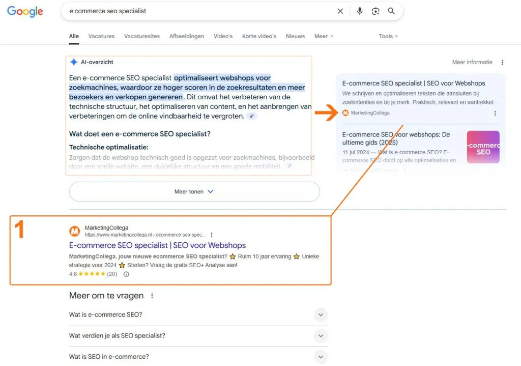 Google AI Overview resultaat voor de zoekopdracht e-commerce SEO specialist.