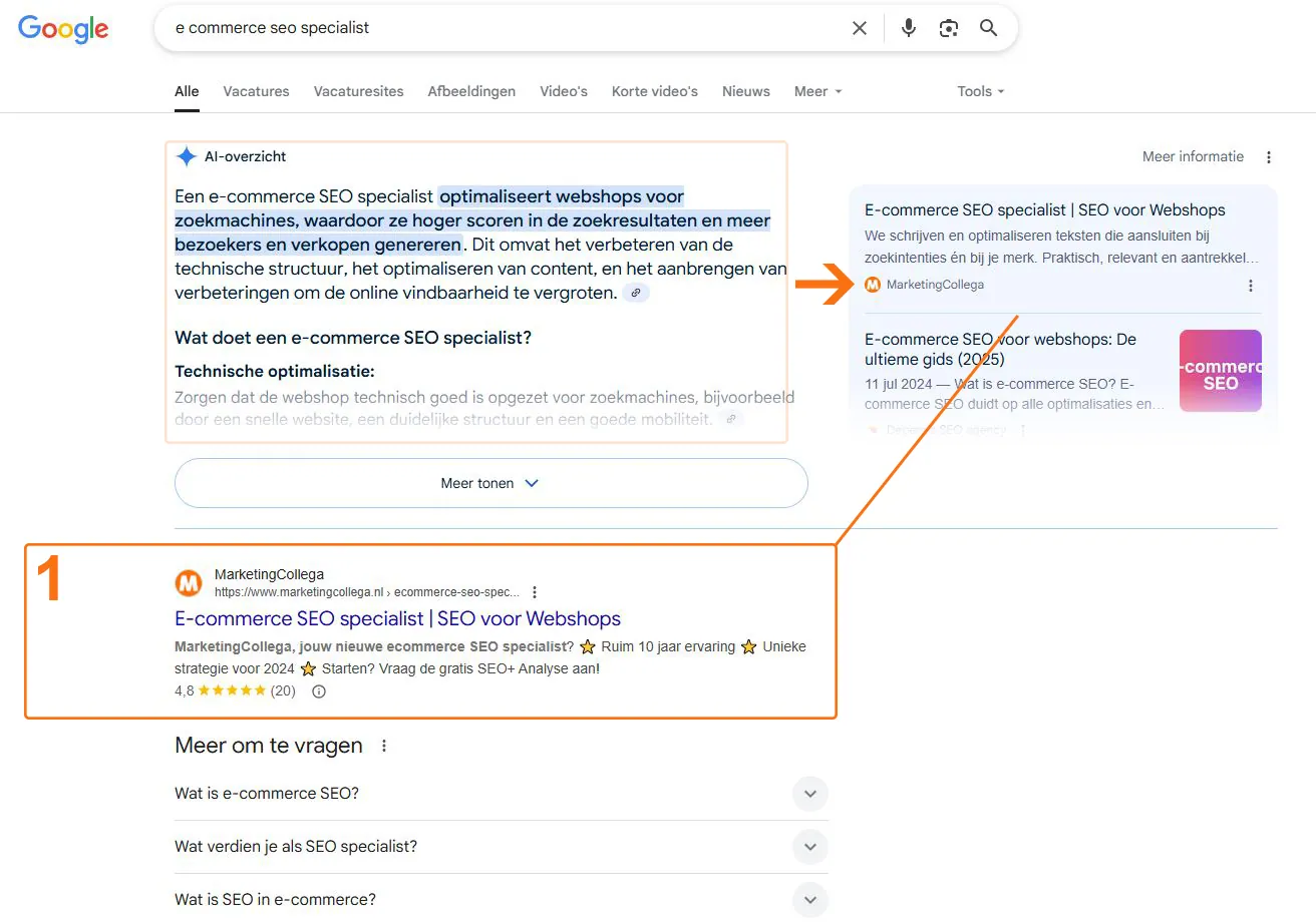Google AI Overview resultaat voor de zoekopdracht e-commerce SEO specialist.