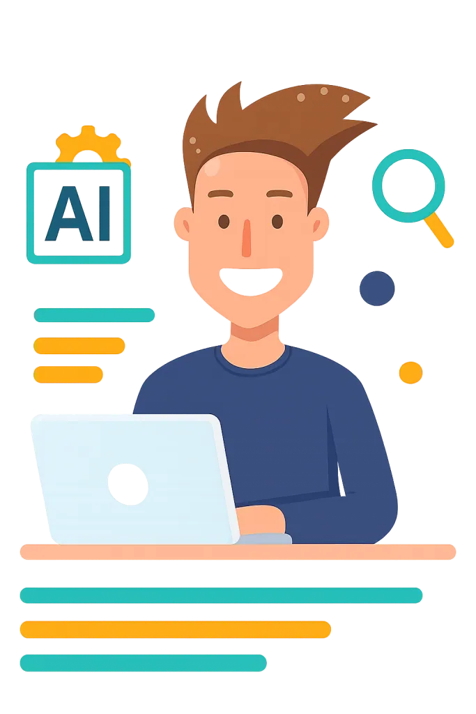 Man achter een laptop met symbolen voor kunstmatige intelligentie en zoekmachineoptimalisatie.