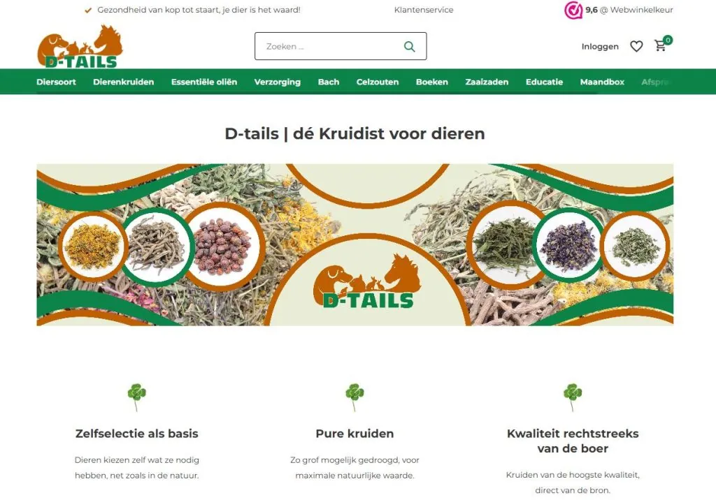 Homepage van D-tails, de kruidist voor dieren, met informatie over natuurlijke kruiden en zelfselectie.