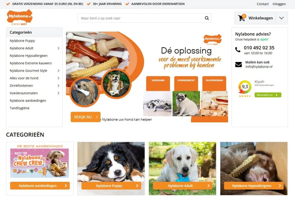 Homepage van de Nylabone webshop met diverse kauwproducten voor honden en categorieën.
