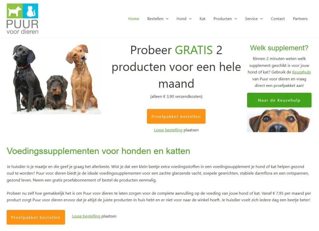 Website van Puur voor dieren met een aanbieding voor gratis supplementen voor honden en katten.