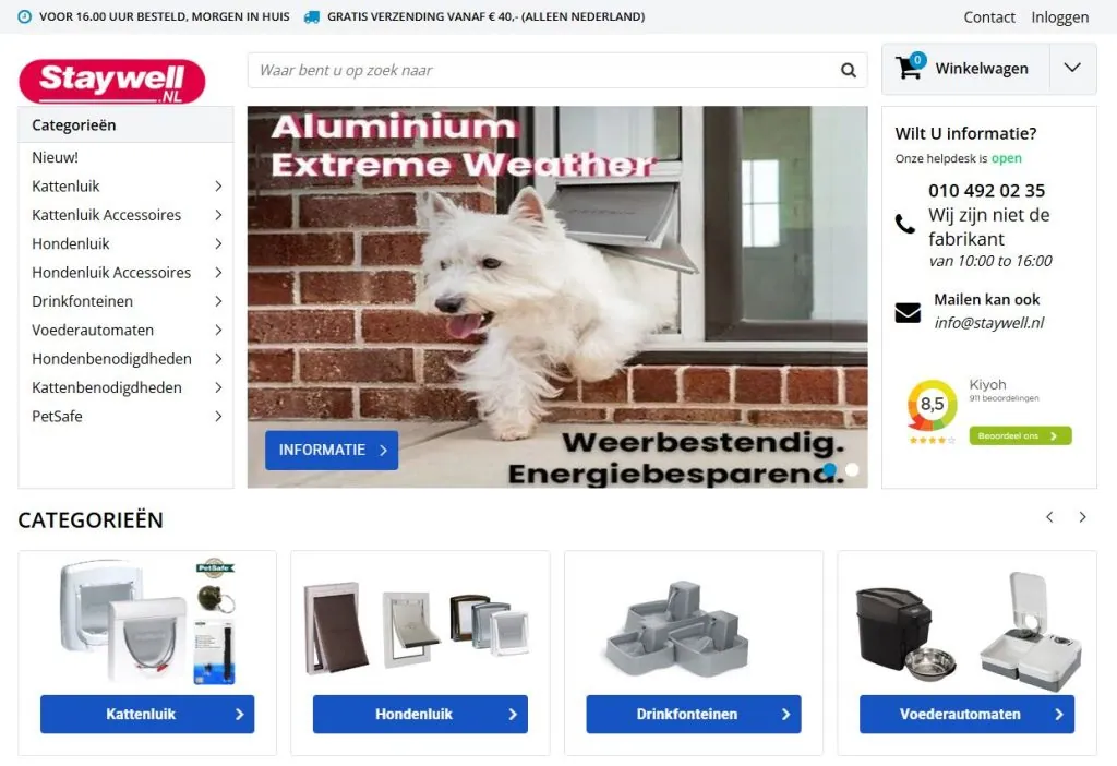 Homepage van Staywell met een focus op aluminium weerbestendige honden- en kattenluiken.