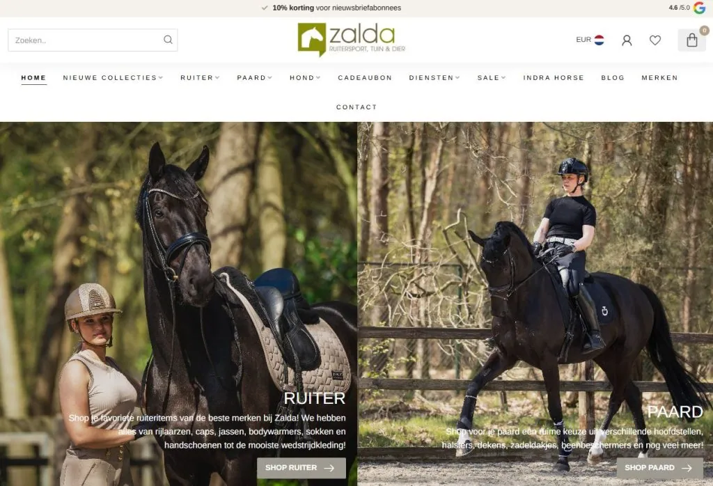 Webshop van Zalda Ruitersport met afbeeldingen van paardrijden en links naar ruiter- en paardencollecties.