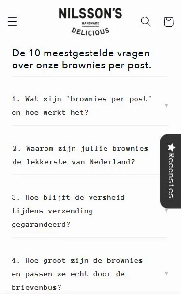 Mobiele screenshot van de FAQ-sectie over brownies per post op de website van Nilsson's Delicious.