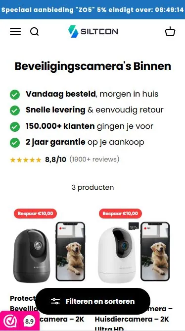 Mobiele weergave van een Shopify-webshop met binnenbeveiligingscamera's en productdetails.