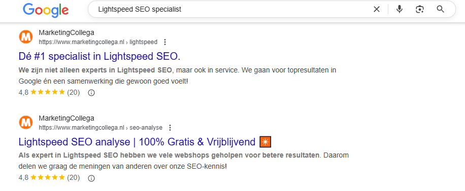 Google zoekresultaten voor lightspeed seo specialist inclusief advertenties voor een gratis analyse.