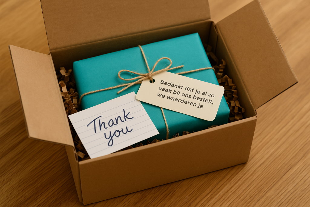 Geopend verzendpakket met een turquoise cadeauverpakking en persoonlijke bedankbriefjes voor een loyale klant.