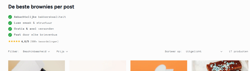 Header van een brownie webshop met diverse USP's en een hoge klantbeoordeling.
