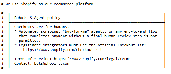 Informatiepaneel over het robots en agent beleid van het Shopify e-commerce platform.