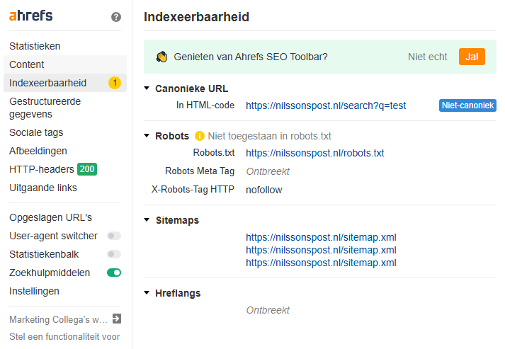 Ahrefs SEO Toolbar overzicht met gegevens over indexeerbaarheid, canonieke URL's en sitemaps.