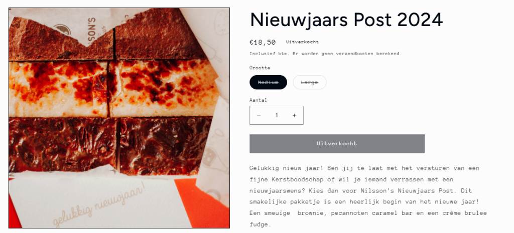 Productpagina van een nieuwjaarscadeau met brownies die als uitverkocht staat gemarkeerd.
