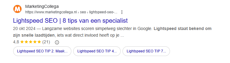 Google zoekresultaten voor de term lightspeed seo met MarketingCollega als topresultaat.