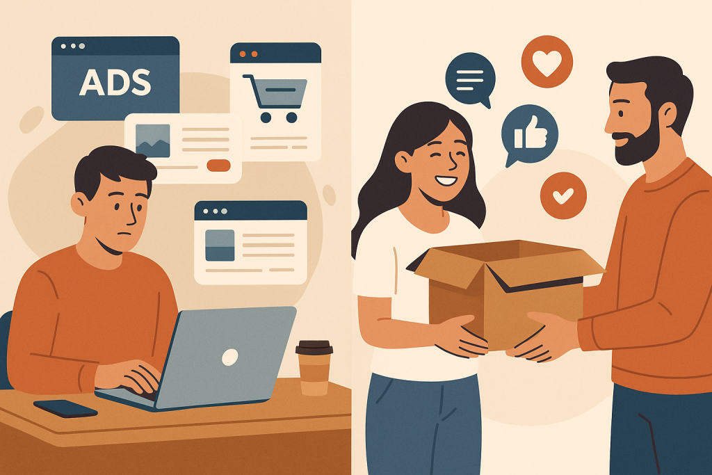 Contrast tussen online adverteren en persoonlijke relatiemarketing waarbij een pakketje direct aan een tevreden klant wordt overhandigd.