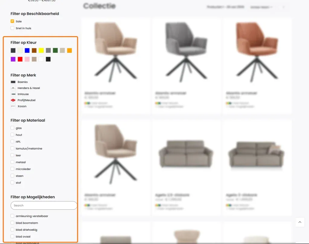 Overzicht van filtermogelijkheden op kleur, merk en materiaal aan de zijkant van een webshop.
