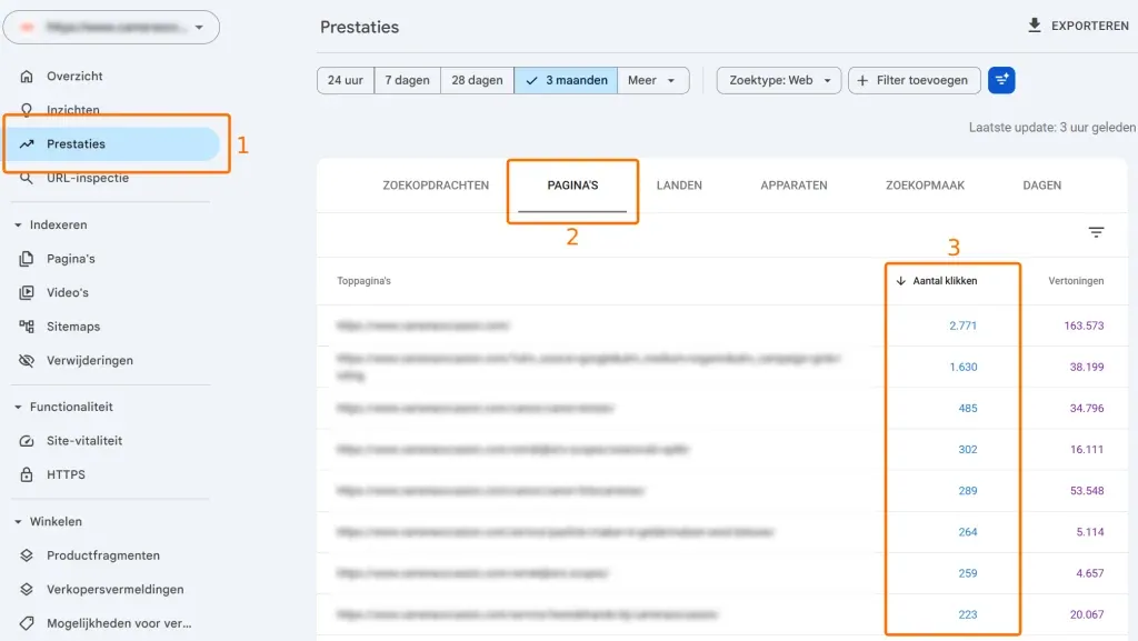 Stappenplan in Google Search Console om prestaties per pagina te bekijken, met nadruk op het aantal klikken.