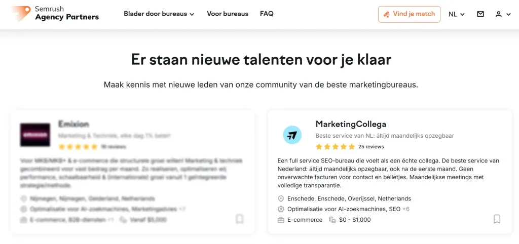 Profiel van MarketingCollega op het Semrush Agency Partners platform met een overzicht van diensten en reviews.