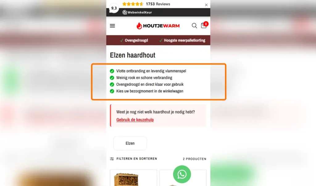 Mobiele weergave van een webshop met belangrijke productkenmerken en USP's bovenaan de pagina.