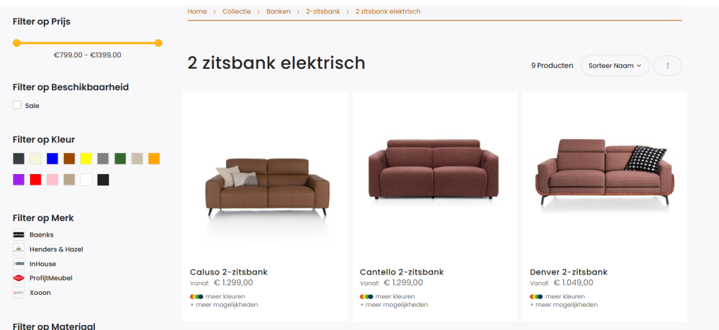 Webshoppagina voor elektrische banken met prijsfilter en diverse productafbeeldingen in een overzicht.
