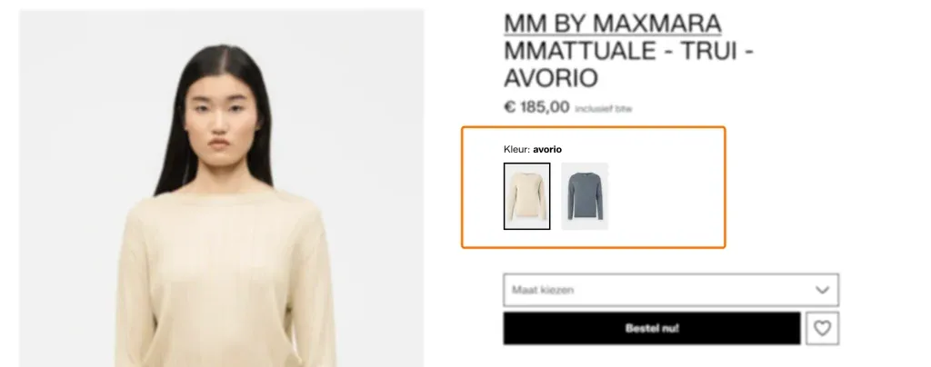 Productpagina van een MaxMara trui waarop verschillende kleurkeuzes zoals ivoor en grijs geselecteerd kunnen worden.