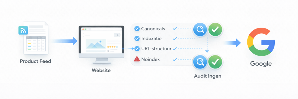 Proces waarbij een productfeed via een website-audit met technische SEO-controles wordt doorgestuurd naar Google.