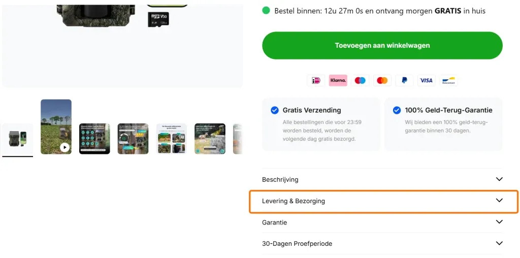 Productpagina met gemarkeerde informatie over levering en bezorging voor betere SEO zichtbaarheid.