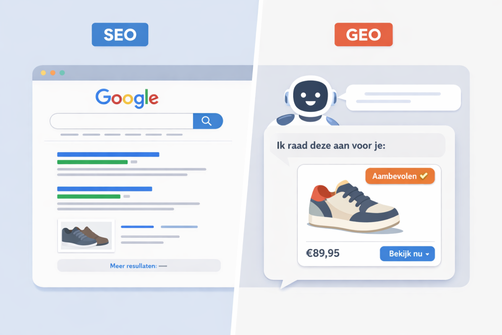 Vergelijking tussen SEO resultaten in Google en een GEO chatbot die producten aanbeveelt.