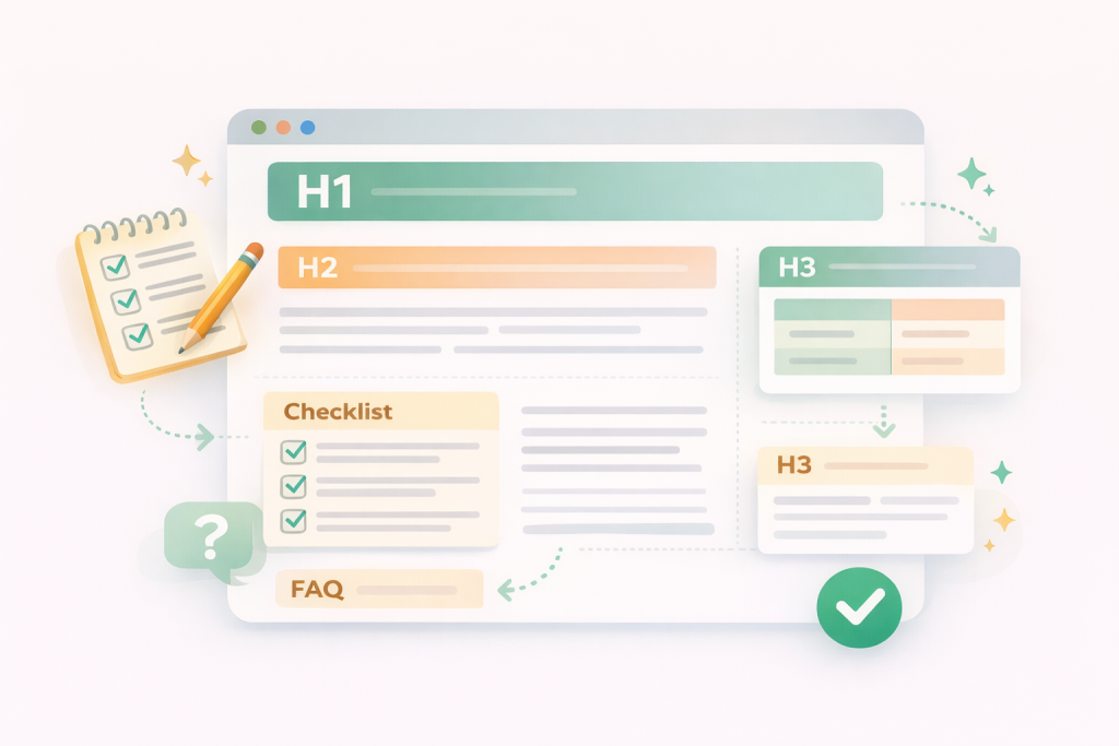 Geoptimaliseerde websitestructuur met koppen, checklists en veelgestelde vragen voor AI-modellen.