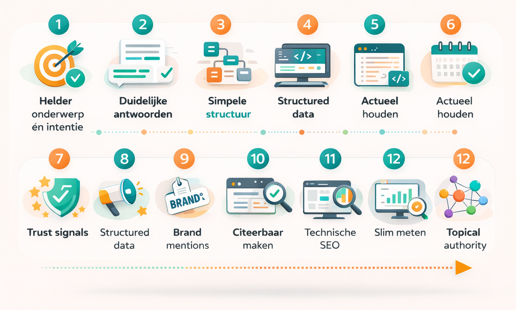 Overzicht van twaalf tips voor GEO optimalisatie, waaronder structured data, brand mentions en topical authority.