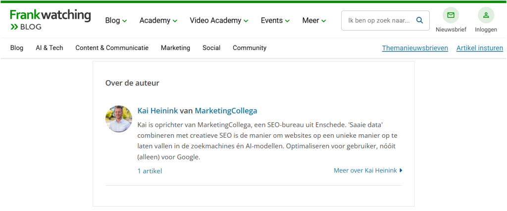 Frankwatching website met het biografieblok van auteur Kai Heinink.