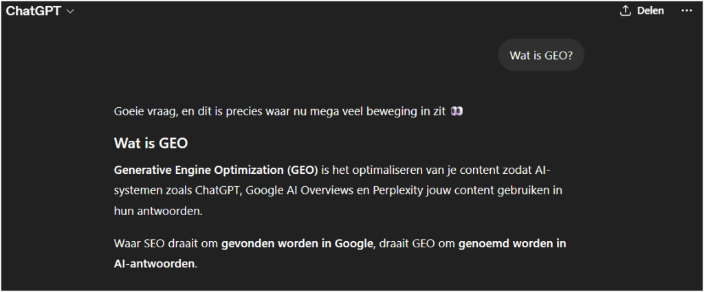 ChatGPT antwoord met de definitie en uitleg van Generative Engine Optimization.