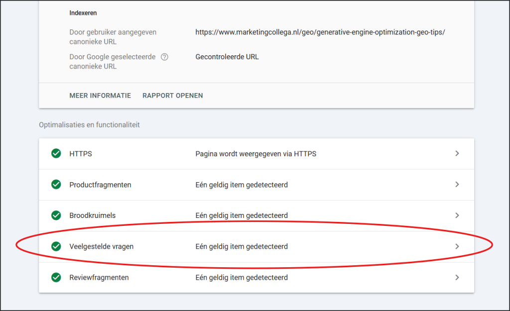 Google Search Console rapport met gedetecteerde structured data voor veelgestelde vragen op een pagina.