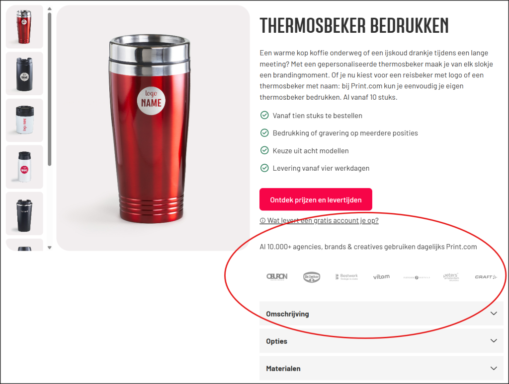 Productpagina met logo's van vertrouwde merken onderaan de pagina gemarkeerd.