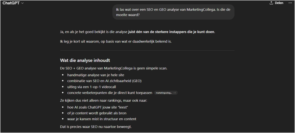 ChatGPT gesprek over de inhoud en meerwaarde van een SEO en GEO analyse.