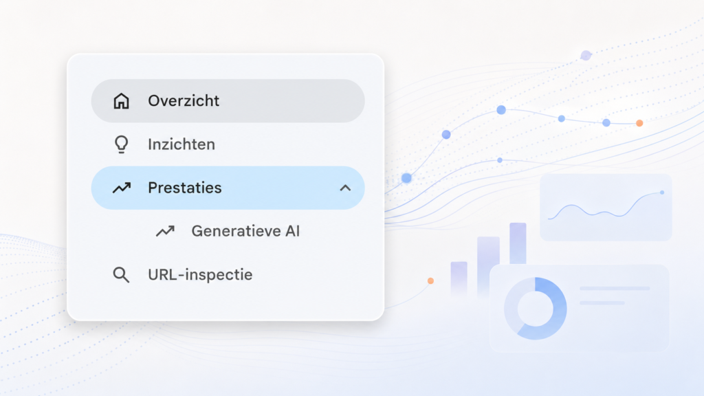 Zijmenu van Google Search Console waarin de nieuwe optie voor Generatieve AI onder Prestaties wordt getoond.