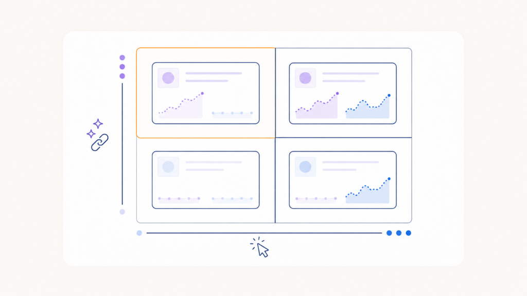 Abstracte illustratie van een analyse-dashboard met vier verschillende grafieken in een rasteropstelling en diverse data-iconen.