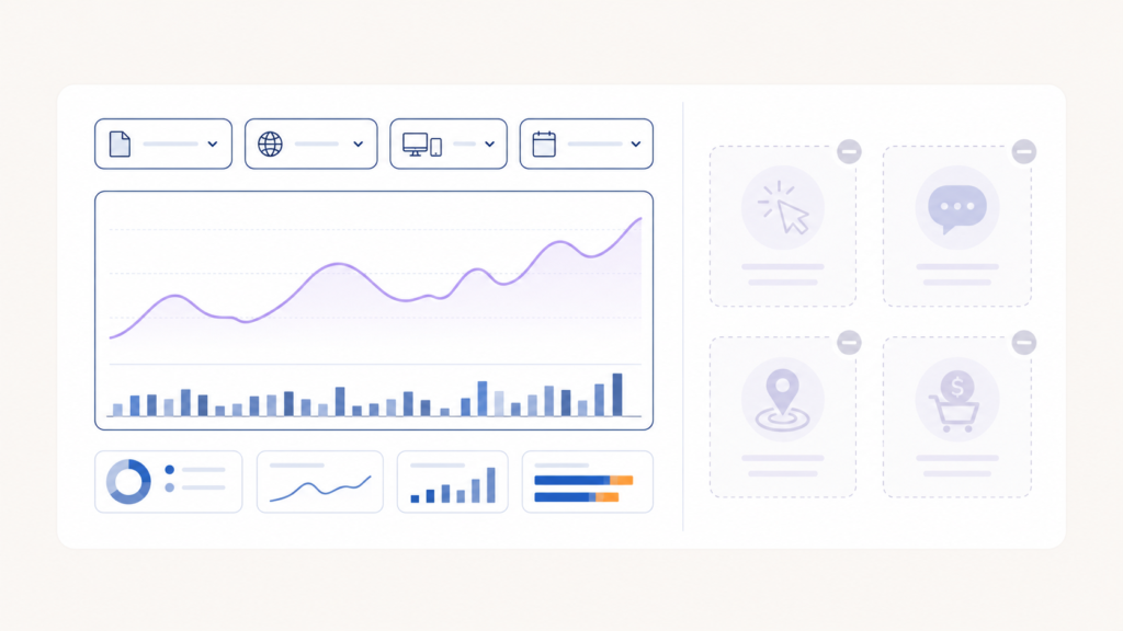 Dashboard-illustratie met een paarse lijngrafiek en iconen voor interactie, zoals klikken, berichten, locaties en verkopen.