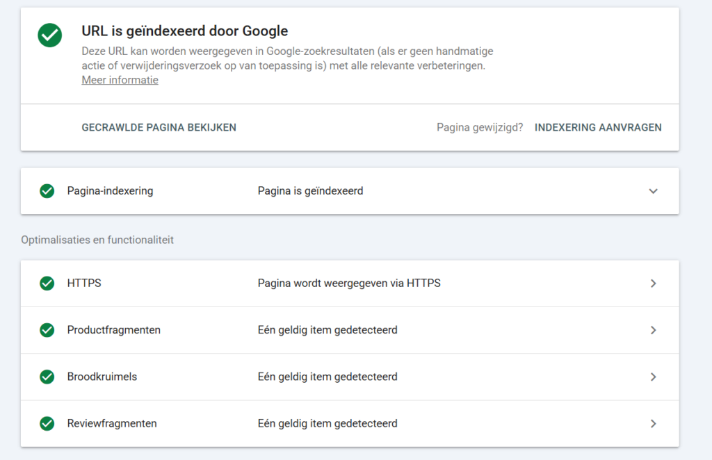 Statusoverzicht in Google Search Console waarop wordt bevestigd dat de betreffende URL succesvol is geïndexeerd door Google.