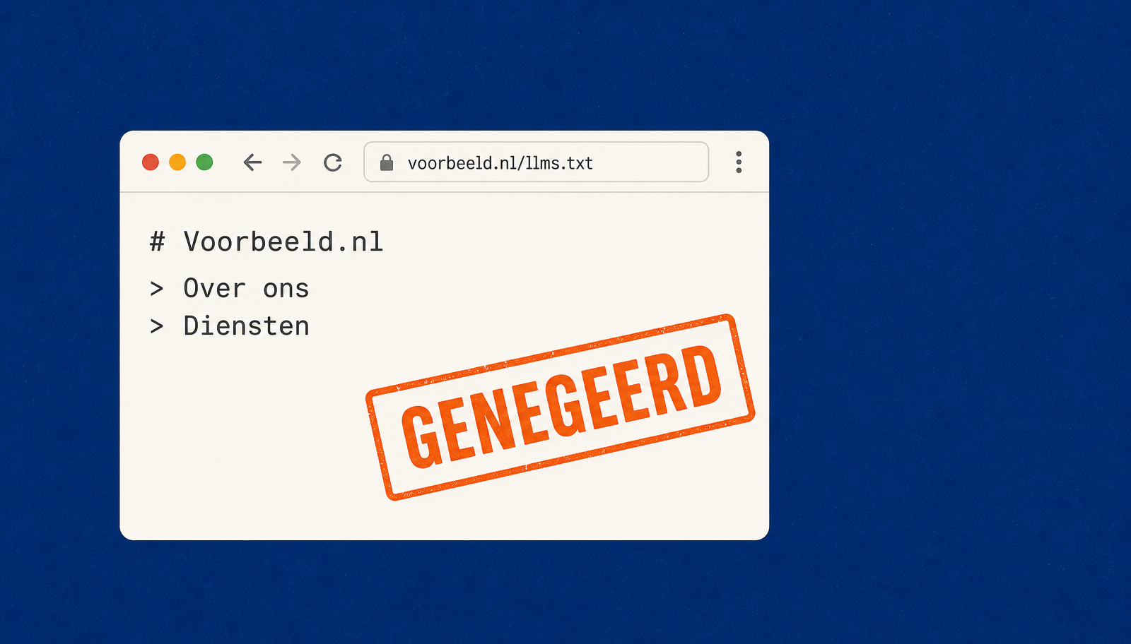 Browservenster met een llms.txt-bestand en een oranje stempel 'genegeerd'