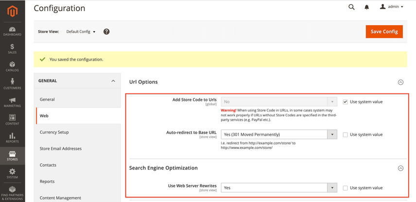 De SEO-instellingen in de Magento-beheeromgeving